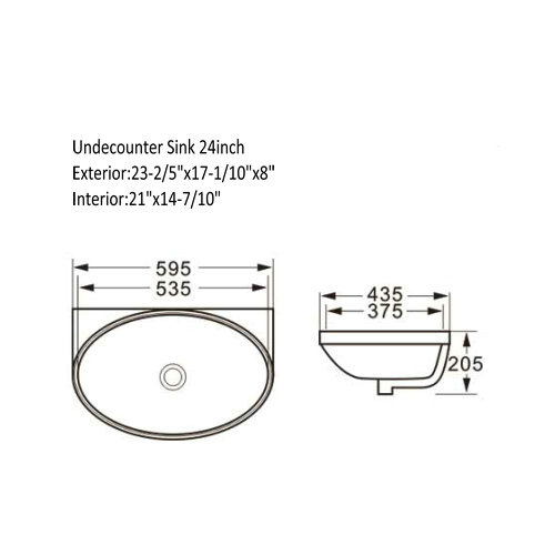 24 inch Undermount Overall Ceramic White Sink