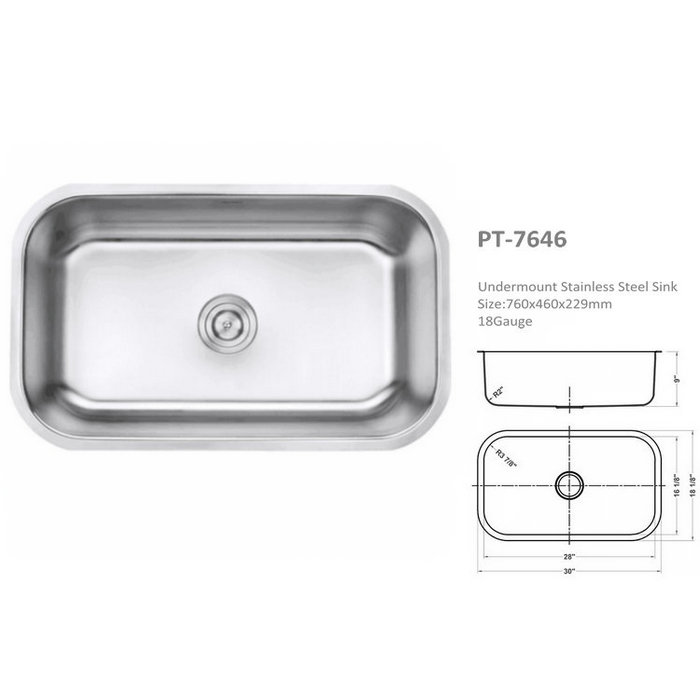 Single Bowl Stainless Steel Kitchen Sink, 18-Gauge